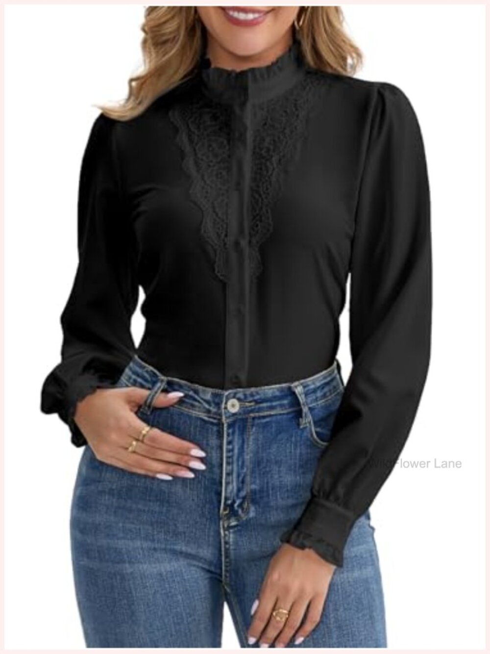 Lace Crochet Mock Neck Long Sleeve Button Down Blouse